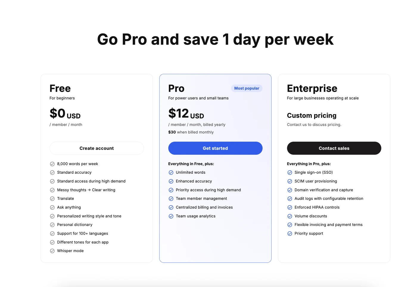 Typeless 三個方案的定價與功能對比：Free、Pro、Enterprise
