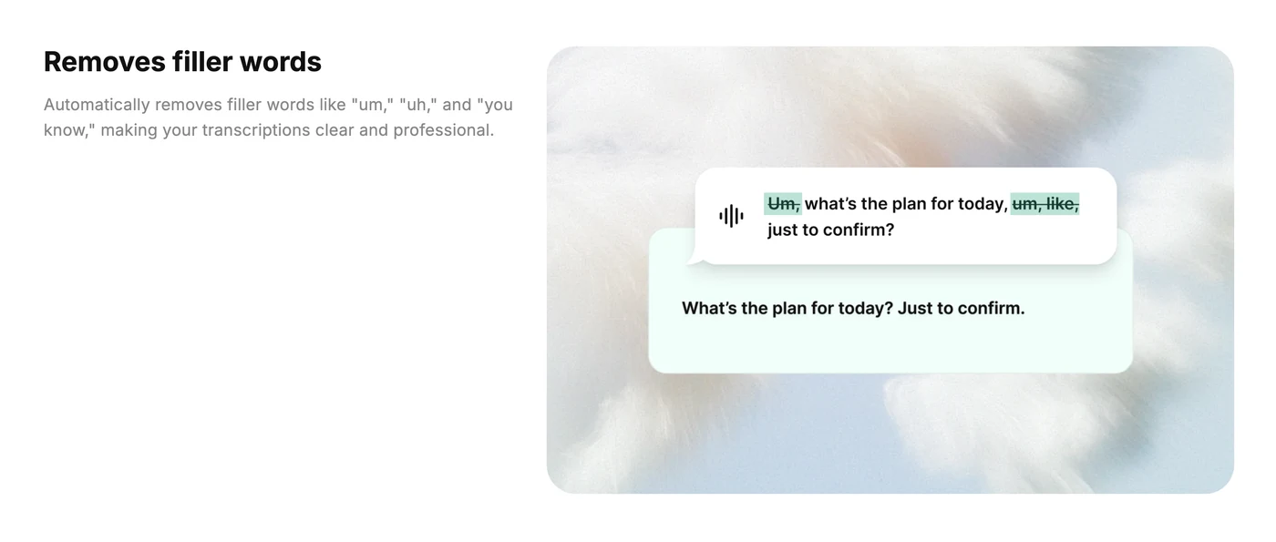 語音輸入自動移除 um、uh、you know 等語氣詞，輸出乾淨句子